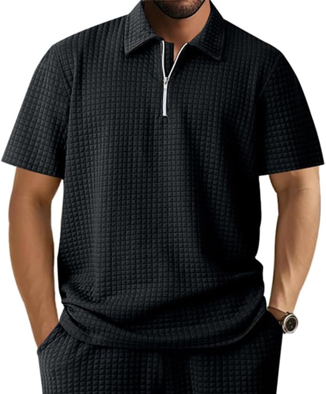 51s5saMCbqL._AC_SX679_ DMOYALA Mens Zipper Polo Shirts | Short Sleeve Waffle Texture Tee | Loose Fit Casual Summer Polo | Solid Color Stylish Streetwear Top | Breathable Comfort Fit(Bundle of 10 PRODUCTS) - Image 1